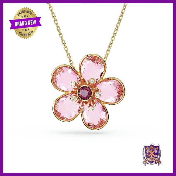 Floral Crystal Pendant Necklace Gold Tone Chain 14-17 Inches